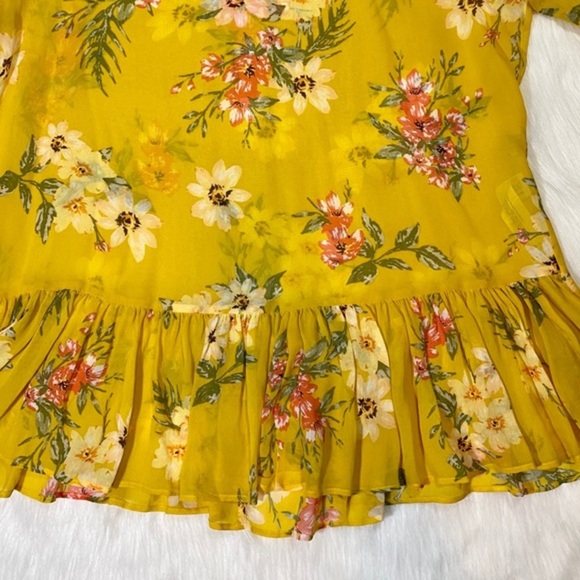 Zara Boho Blouse Oversized Floral Sheer Chiffon Yellow Top V-neck - Picture 5 of 10